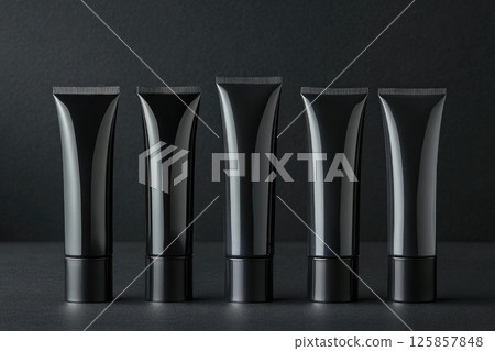 Package five beauty cosmetic tubes black silver premium colors mockup template Package five beauty cosmetic tubes black silver premium colors mockup template 125857848