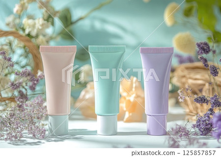 Three beauty cosmetic tubes pastel violet purple coral, pink mockup flowers 125857857