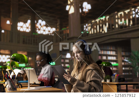 Young female adult listening to therapy music and working on her bachelor paper, using ambient sounds to help her focus in the university library. Student does academic research. 125857912