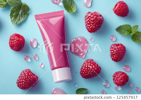 Top view pink blue raspberry cosmetic tube package mockup template with berries 125857917
