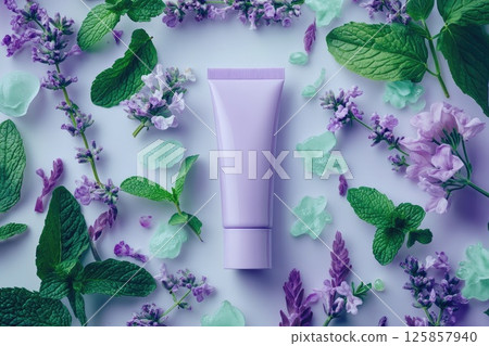 Top view package of beauty cosmetic tube violet purple pink mockup lilac flowers 125857940