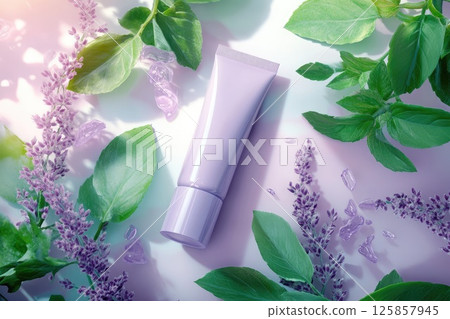 Top view package of beauty cosmetic tube violet purple pink mockup lilac flowers 125857945