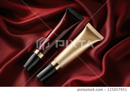 Two package beauty cosmetic tubes, burgundy cream beige isolated mockup template Two package beauty cosmetic tubes, burgundy cream beige isolated mockup template 125857951