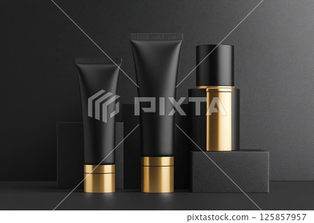 Three package beauty cosmetic tubes of black gold sripes splash premium mockup Three package beauty cosmetic tubes of black gold sripes splash premium mockup 125857957