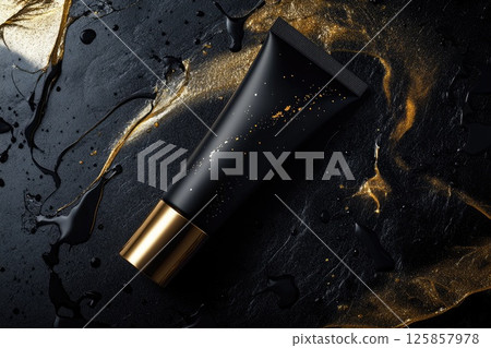 Top view package beauty cosmetic tubes black gold, sripes splash premium mockup Top view package beauty cosmetic tubes black gold, sripes splash premium mockup 125857978