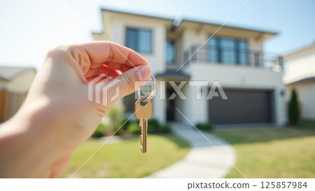 Hand holding house key in front of new home, real estate ownership concept Hand holding house key in front of new home, real estate ownership concept 125857984