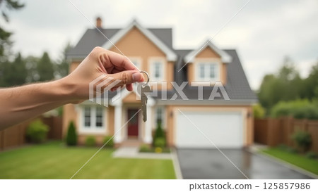 Hand holding house key in front of new home, real estate ownership concept 125857986