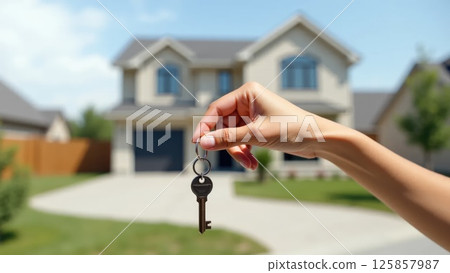 Hand holding house key in front of new home, real estate ownership concept Hand holding house key in front of new home, real estate ownership concept 125857987