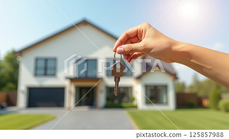 Hand holding house key in front of new home, real estate ownership concept Hand holding house key in front of new home, real estate ownership concept 125857988