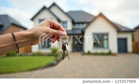Hand holding house key in front of new home, real estate ownership concept Hand holding house key in front of new home, real estate ownership concept 125857989