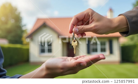 Hand holding house key in front of new home, real estate ownership concept Hand holding house key in front of new home, real estate ownership concept 125857991