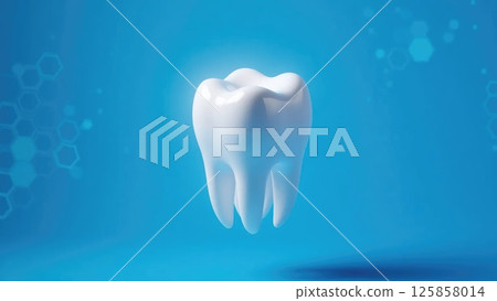 Shiny white tooth floating with a futuristic hexagonal pattern in the background Shiny white tooth floating with a futuristic hexagonal pattern in the background 125858014