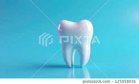 Shiny white tooth on reflective surface with blue gradient background Shiny white tooth on reflective surface with blue gradient background 125858016