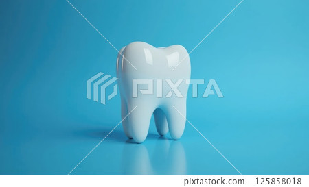Shiny white tooth on reflective surface with blue gradient background Shiny white tooth on reflective surface with blue gradient background 125858018