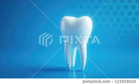 Shiny white tooth floating with a futuristic hexagonal pattern in the background 125858020