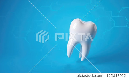 Shiny white tooth floating with a futuristic hexagonal pattern in the background 125858022