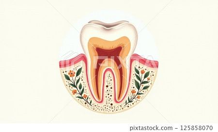 Artistic Tooth Cross-Section with Beautifully Integrated Floral Patterns Artistic Tooth Cross-Section with Beautifully Integrated Floral Patterns 125858070