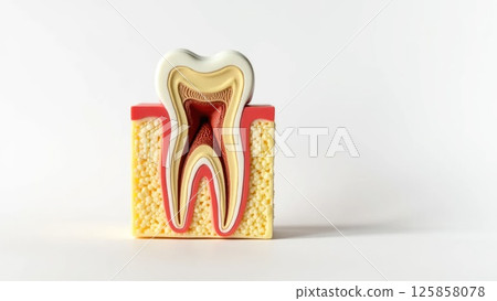 Detailed Cross-Section of Human Tooth Showing Root, Pulp, and Surrounding Bone 125858078