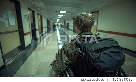 young woman sits in a wheelchair wearing headphones and listening to music. young woman sits in a wheelchair wearing headphones and listening to music. 125858083
