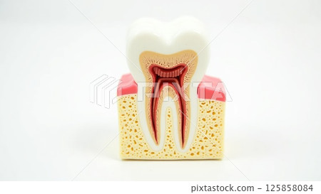 Detailed Cross-Section of Human Tooth Showing Root, Pulp, and Surrounding Bone Detailed Cross-Section of Human Tooth Showing Root, Pulp, and Surrounding Bone 125858084