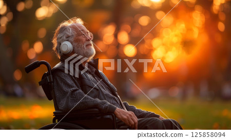 young woman sits in a wheelchair wearing headphones and listening to music. 125858094