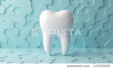 Shiny white tooth floating with a futuristic hexagonal pattern in the background 125858095
