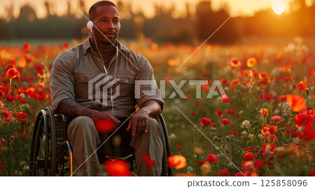 young woman sits in a wheelchair wearing headphones and listening to music. 125858096