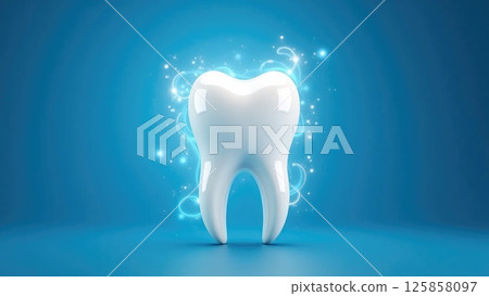 Gleaming white tooth with magical swirling light against a blue background 125858097