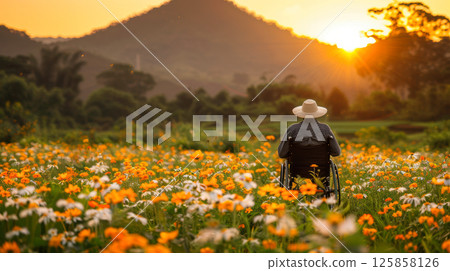 young woman sits in a wheelchair wearing headphones and listening to music. 125858126