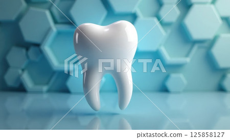 Shiny white tooth floating with a futuristic hexagonal pattern in the background 125858127