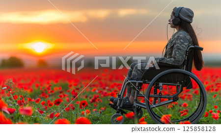 young woman sits in a wheelchair wearing headphones and listening to music. young woman sits in a wheelchair wearing headphones and listening to music. 125858128
