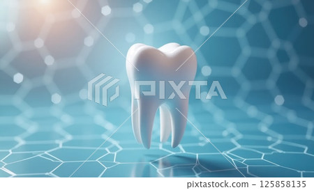 Shiny white tooth floating with a futuristic hexagonal pattern in the background 125858135
