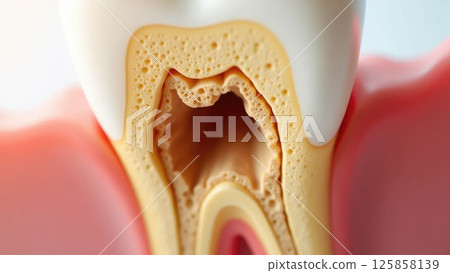 Close-Up Cross-Section of Tooth Anatomy Showing Tooth Decay and Cavity Details 125858139