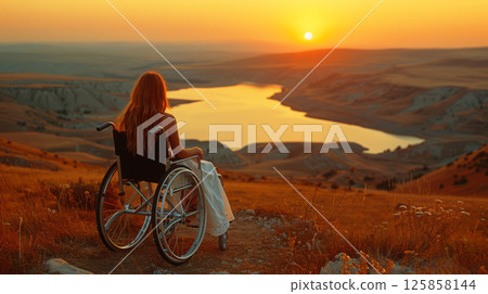 young woman sits in a wheelchair wearing headphones and listening to music. 125858144