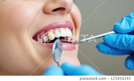 Close-up of Woman's Smile During Dental Check-up with Dental Mirror 125858145