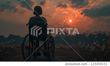 young woman sits in a wheelchair wearing headphones and listening to music. 125858151