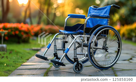 young woman sits in a wheelchair wearing headphones and listening to music. 125858160