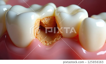 Close-Up Cross-Section of Tooth Anatomy Showing Tooth Decay and Cavity Details 125858163