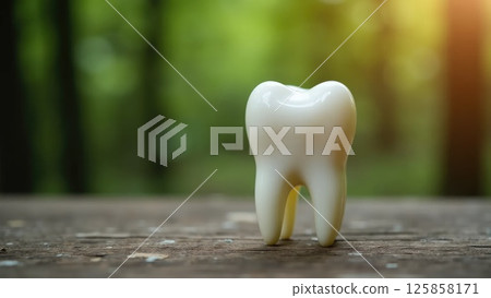 White tooth with wooden texture on a rustic table in forest background White tooth with wooden texture on a rustic table in forest background 125858171