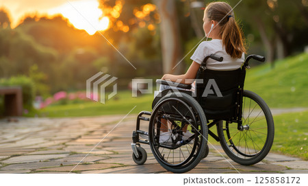young woman sits in a wheelchair wearing headphones and listening to music. young woman sits in a wheelchair wearing headphones and listening to music. 125858172