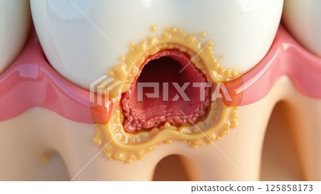 Close-Up Cross-Section of Tooth Anatomy Showing Tooth Decay and Cavity Details 125858173