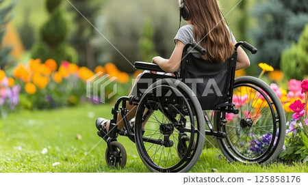 young woman sits in a wheelchair wearing headphones and listening to music. 125858176