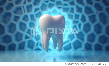 Shiny white tooth floating with a futuristic hexagonal pattern in the background 125858177