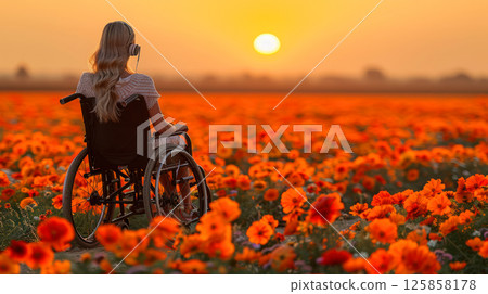 young woman sits in a wheelchair wearing headphones and listening to music. 125858178