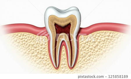 Detailed Cross-Section of Human Tooth Showing Root, Pulp, and Surrounding Bone Detailed Cross-Section of Human Tooth Showing Root, Pulp, and Surrounding Bone 125858189