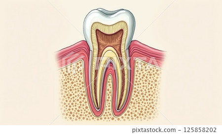Detailed Cross-Section of Human Tooth Showing Root, Pulp, and Surrounding Bone 125858202