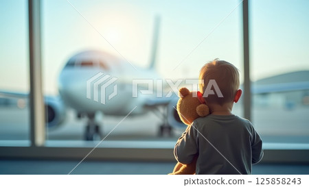 Child with Teddy Bear Watching Airplanes Through Airport Window 125858243