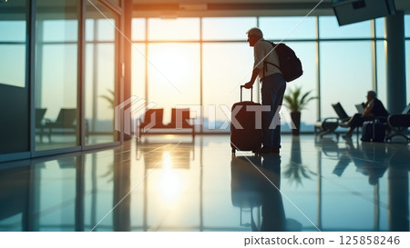 Elderly Traveler Leaning on Cane in Reflection at Airport Window Elderly Traveler Leaning on Cane in Reflection at Airport Window 125858246