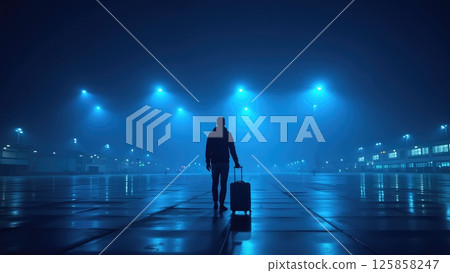 Traveler with Gray Suitcase in Blue-Lit Nighttime Airport Scene 125858247