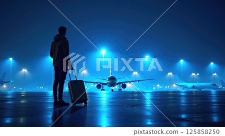 Traveler with Gray Suitcase in Blue-Lit Nighttime Airport Scene 125858250